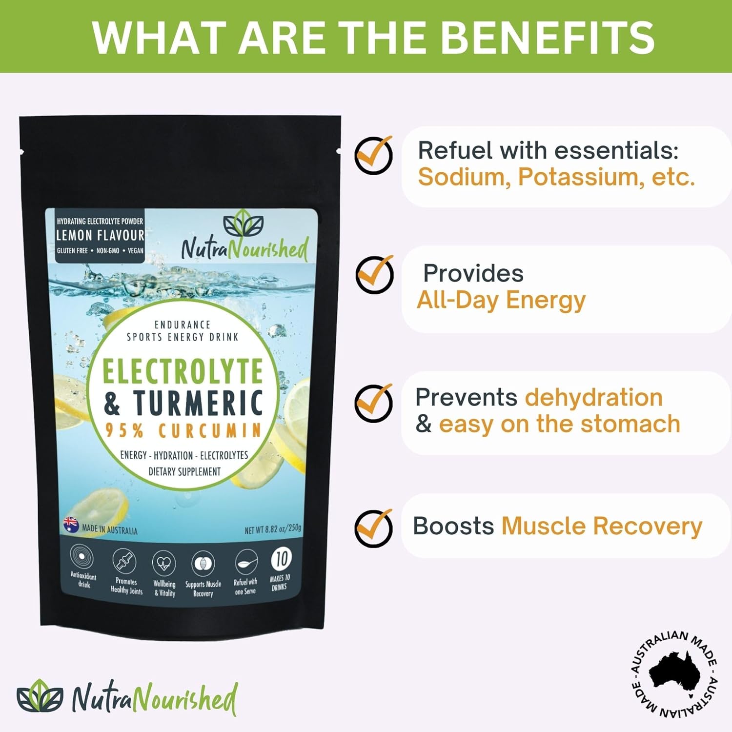 Organic Curcumin Infused Electrolyte Powder for Sports Energy - Lemon Flavor Hydration Mix - 250g Sugar-Free Turmeric Drink