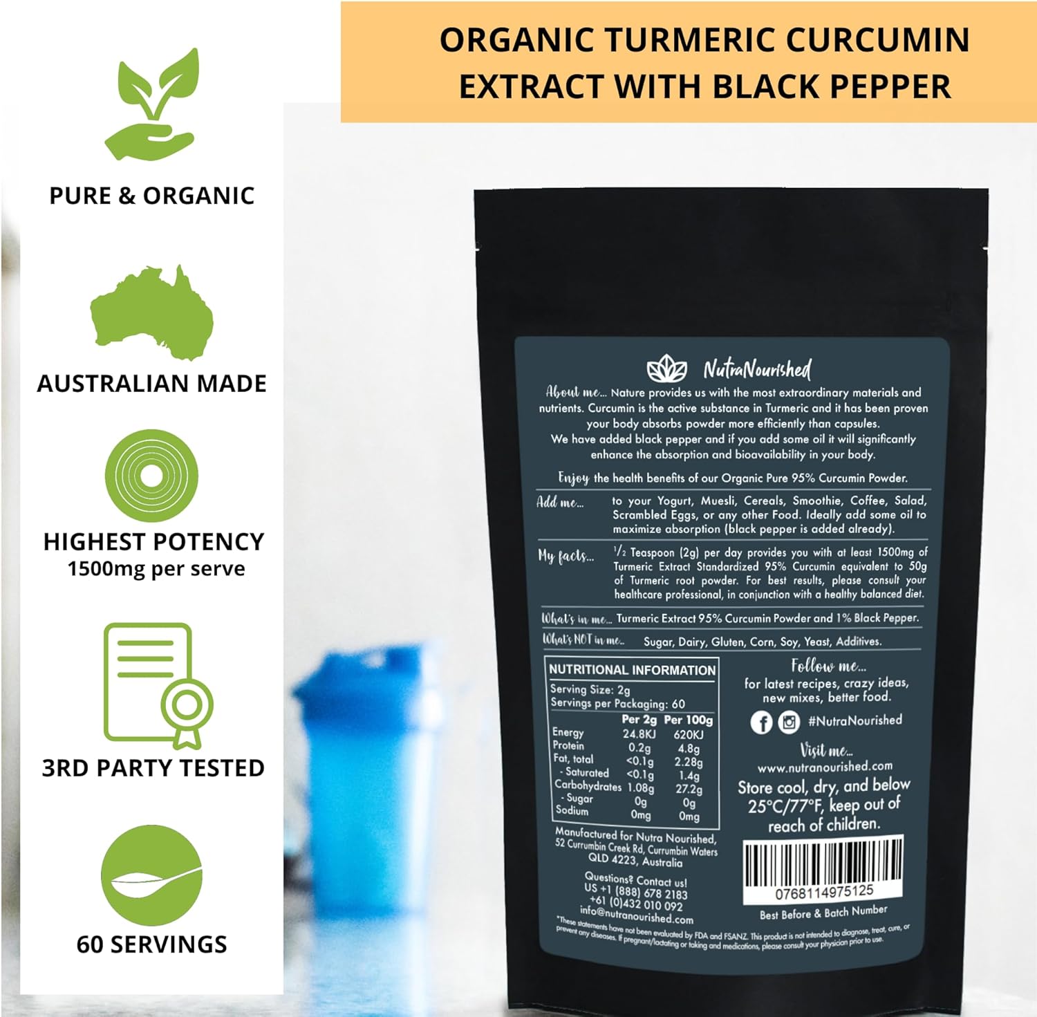 Organic Curcumin Supplement with High Potency Turmeric Extract - 1500mg with Black Pepper - Joint Support, Immune Booster - 60g