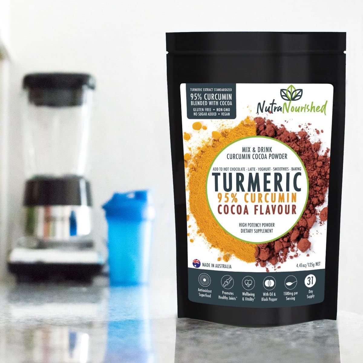 Organic Curcumin Turmeric Extract Powder with Cocoa & Black Pepper - Vegan, Non-GMO, Gluten Free - Antioxidant Rich Supplement with Piperine & Cocoa Oil - 125g