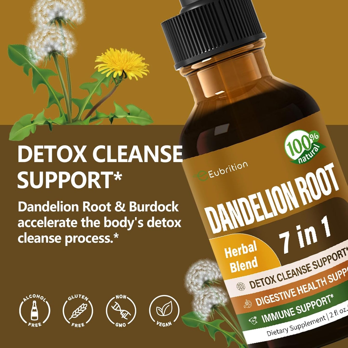 Organic Dandelion Root Extract Drops with Milk Thistle and Turmeric for Detox & Immune Support - 2oz Alcohol-Free Tincture