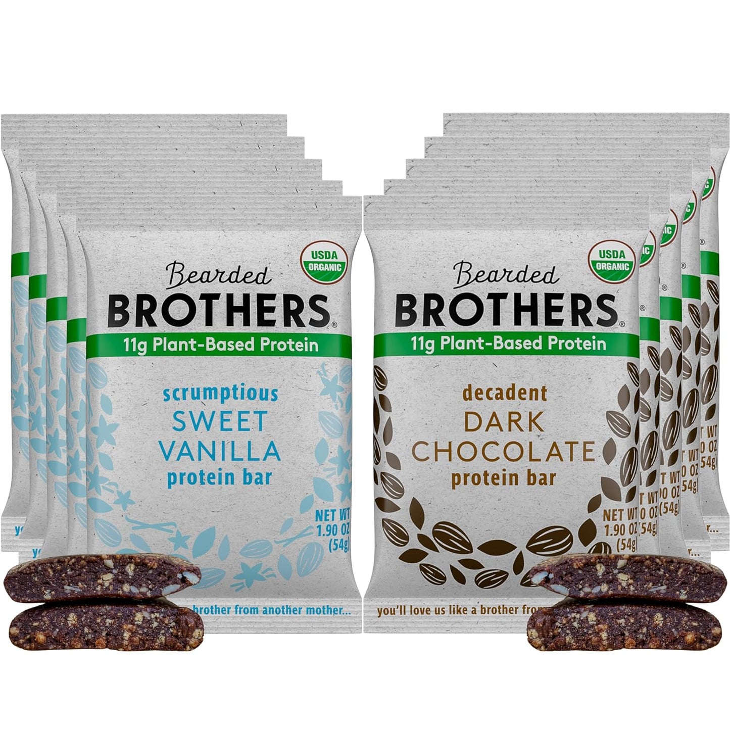 Organic Dark Chocolate and Vanilla Protein Bars (10 Pack) - Plant Based, Gluten Free, Vegan - Bearded Brothers
