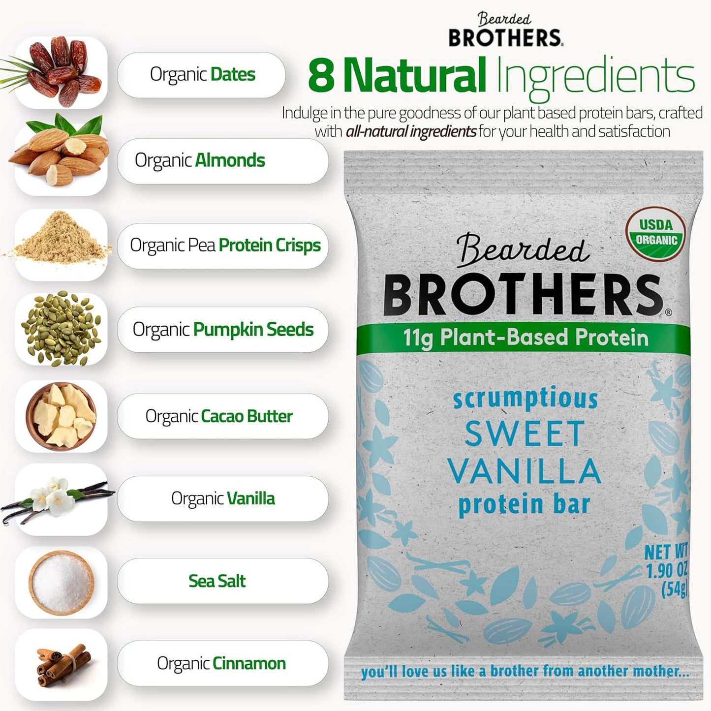 Organic Dark Chocolate and Vanilla Protein Bars (10 Pack) - Plant Based, Gluten Free, Vegan - Bearded Brothers