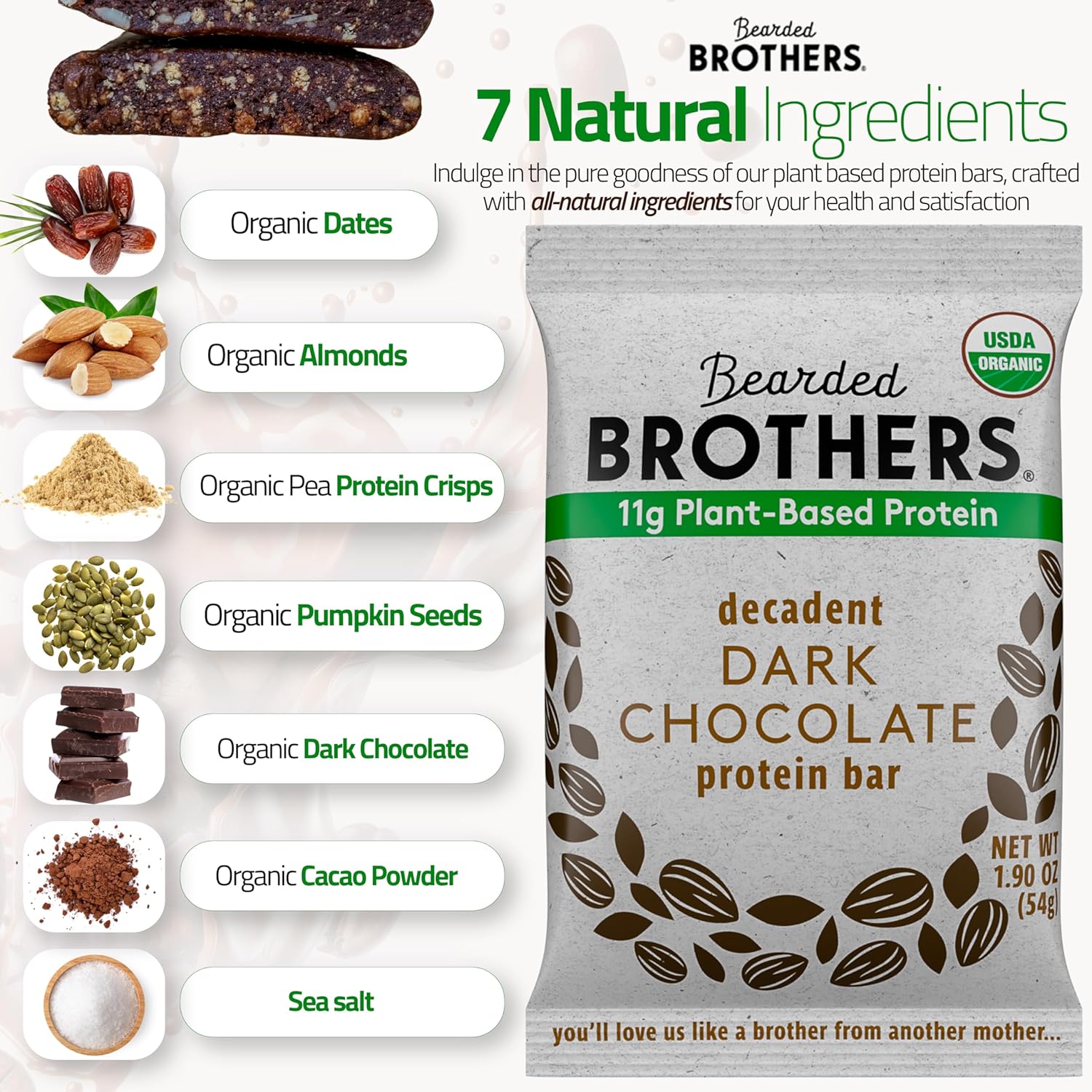 Organic Dark Chocolate and Vanilla Protein Bars (10 Pack) - Plant Based, Gluten Free, Vegan - Bearded Brothers