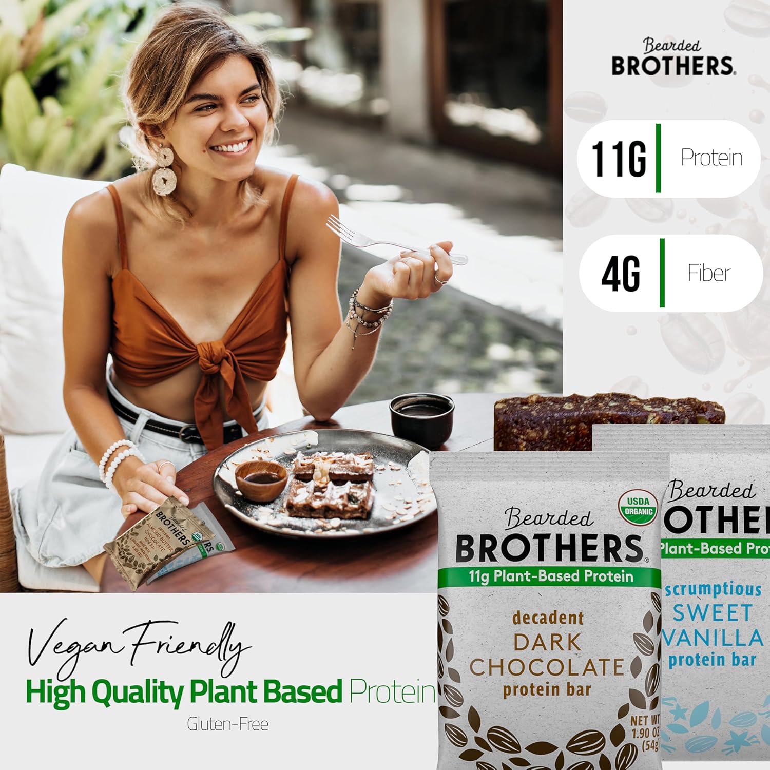 Organic Dark Chocolate and Vanilla Protein Bars (10 Pack) - Plant Based, Gluten Free, Vegan - Bearded Brothers