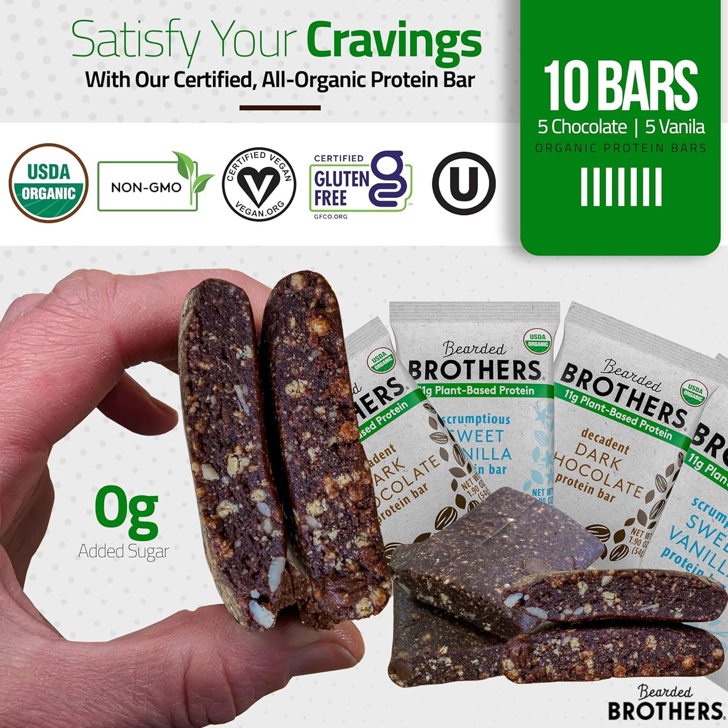 Organic Dark Chocolate and Vanilla Protein Bars (10 Pack) - Plant Based, Gluten Free, Vegan - Bearded Brothers