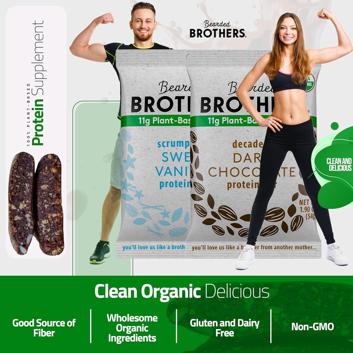 Organic Dark Chocolate and Vanilla Protein Bars (10 Pack) - Plant Based, Gluten Free, Vegan - Bearded Brothers