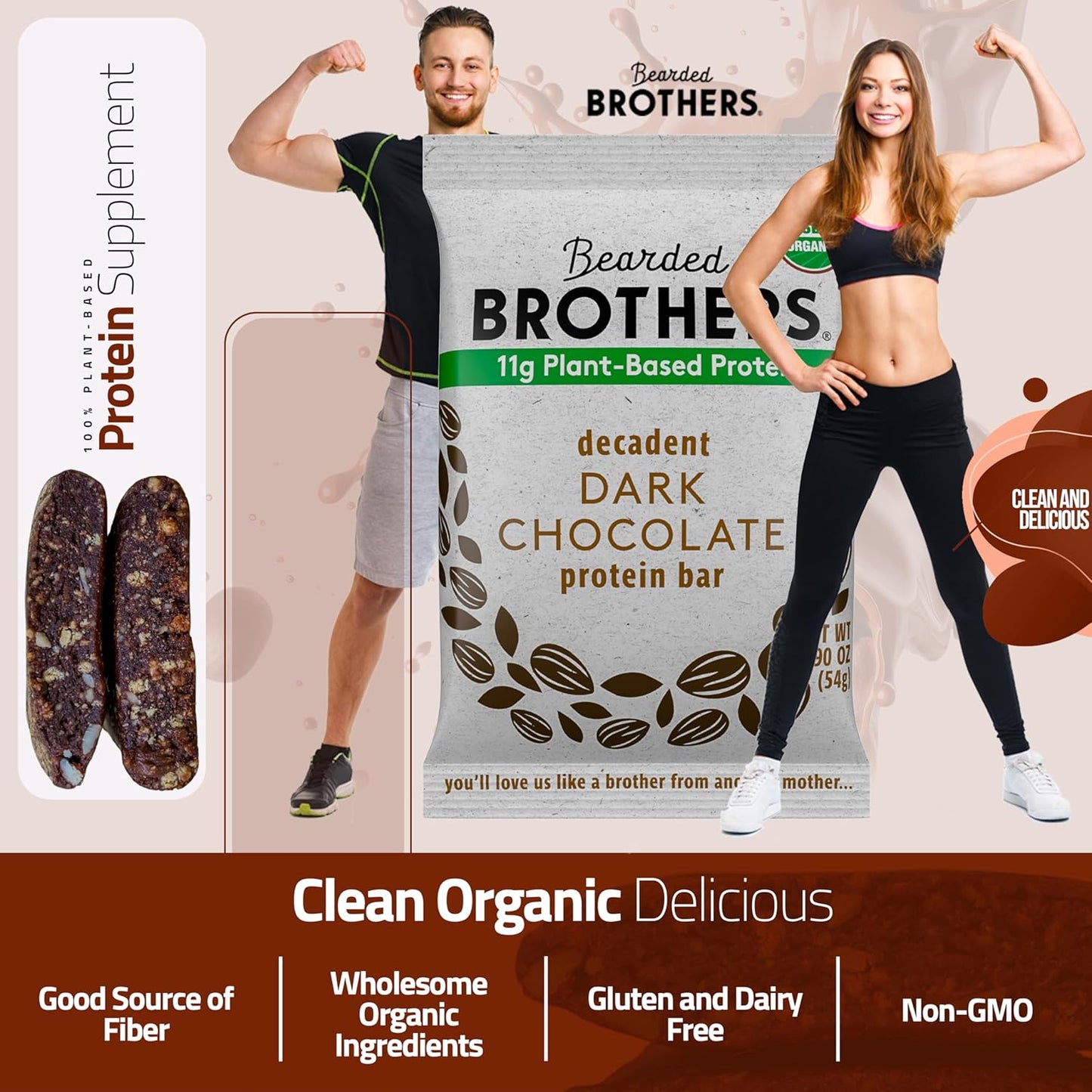 Organic Dark Chocolate Protein Bars (10 Pack) - Plant Based, Gluten Free, Vegan, Non-GMO Snacks with 11g Protein & Fiber