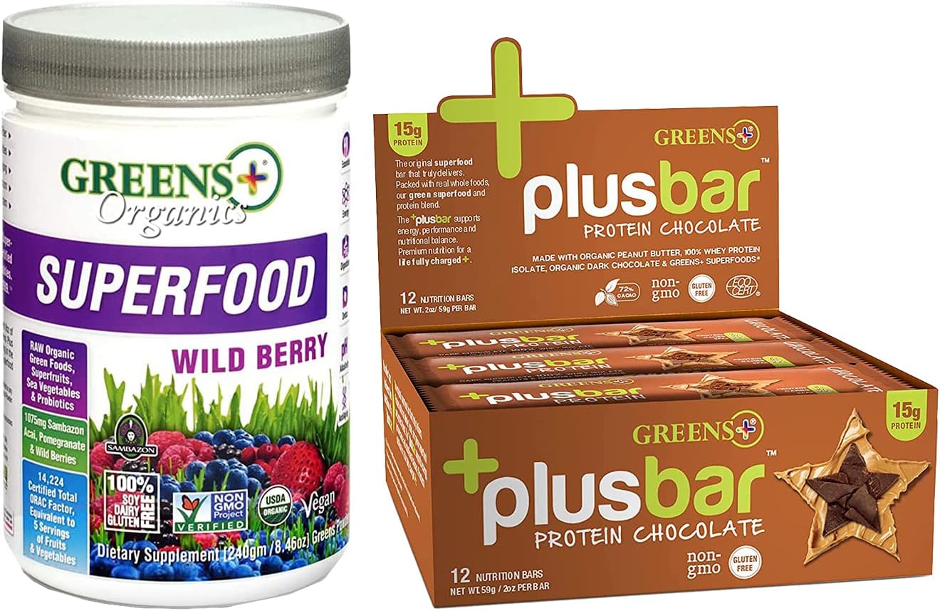 Organic Dark Chocolate Wild Berry Greens+ Superfood with Protein - Vegan, Non GMO, Gluten Free - Set of 2