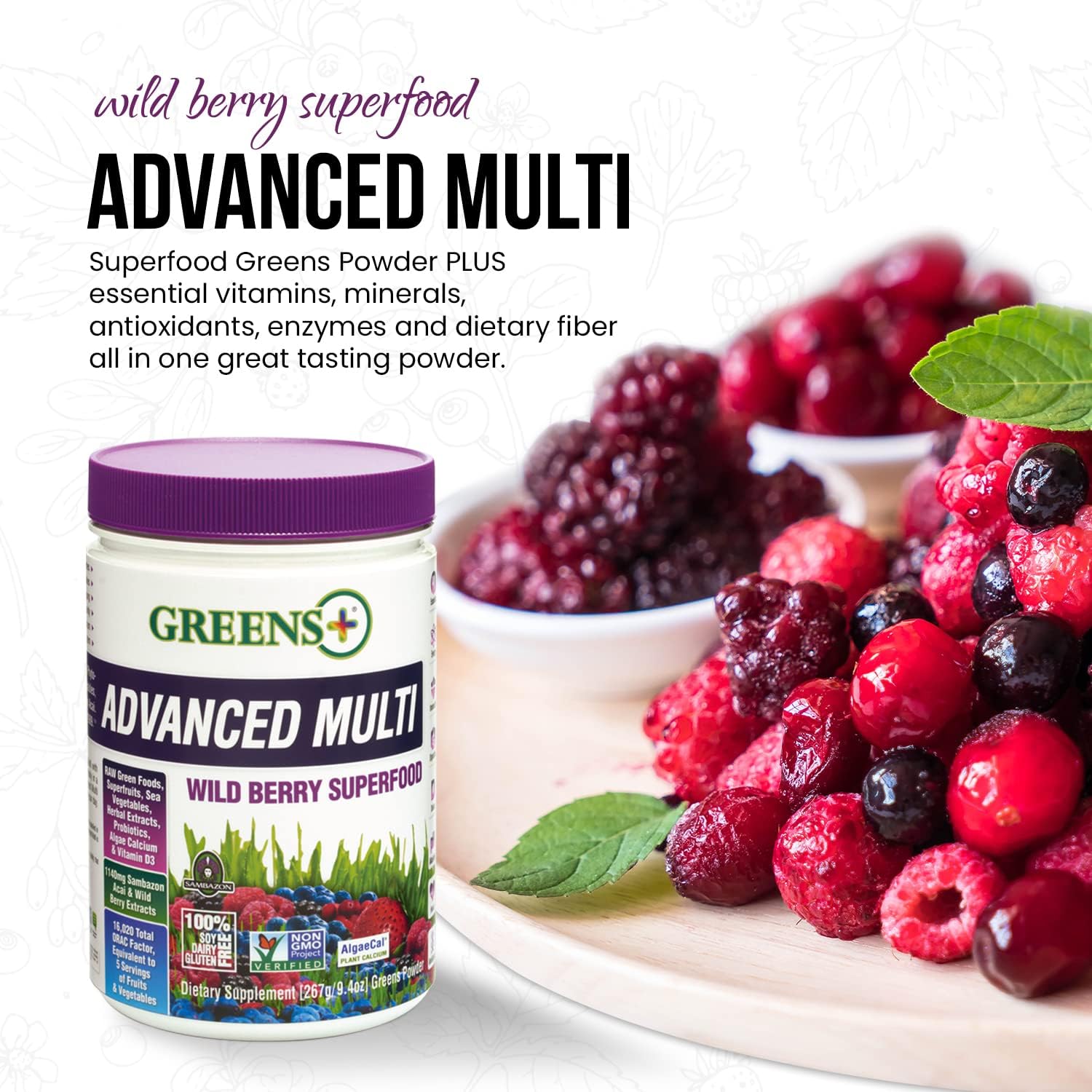 Organic Dark Chocolate Wild Berry Greens+ Superfood with Protein - Vegan, Non GMO, Gluten Free - Set of 2