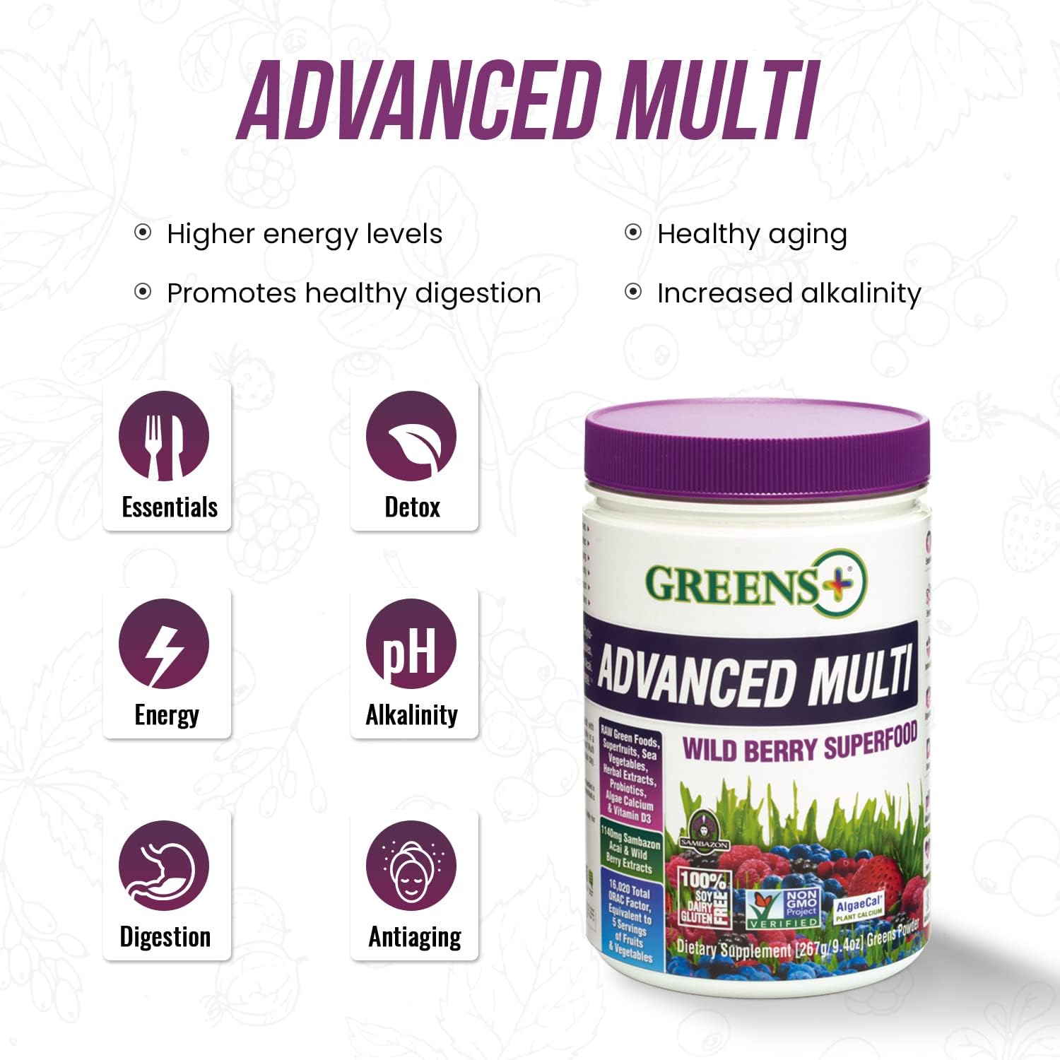 Organic Dark Chocolate Wild Berry Greens+ Superfood with Protein - Vegan, Non GMO, Gluten Free - Set of 2