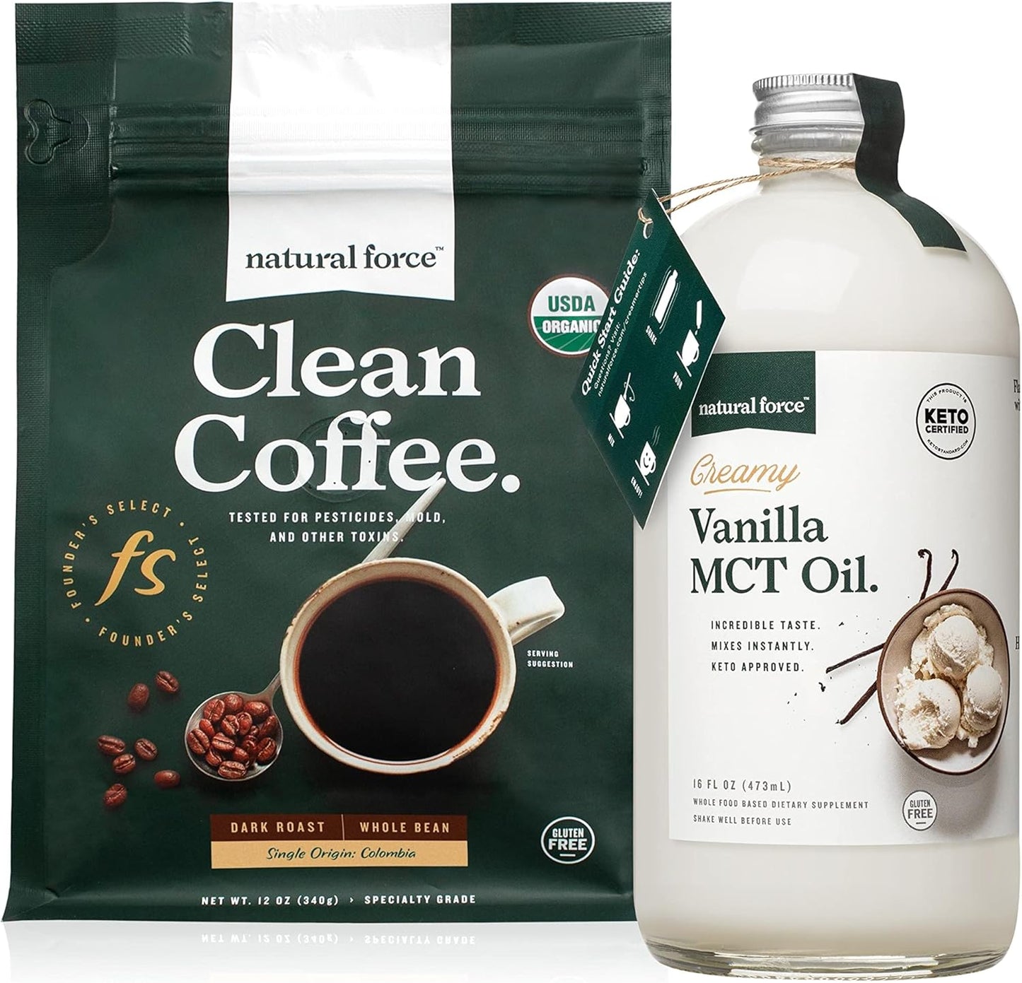Organic Dark Roast Coffee and Creamy Vanilla MCT Oil Bundle - Flavored MCT Creamer - Non-GMO, Keto, Paleo, Vegan - 12 Oz Bag + 16 Oz Bottle