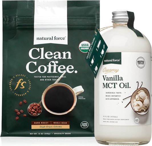 Organic Dark Roast Coffee and Creamy Vanilla MCT Oil Bundle - Flavored MCT Creamer - Non-GMO, Keto, Paleo, Vegan - 12 Oz Bag + 16 Oz Bottle