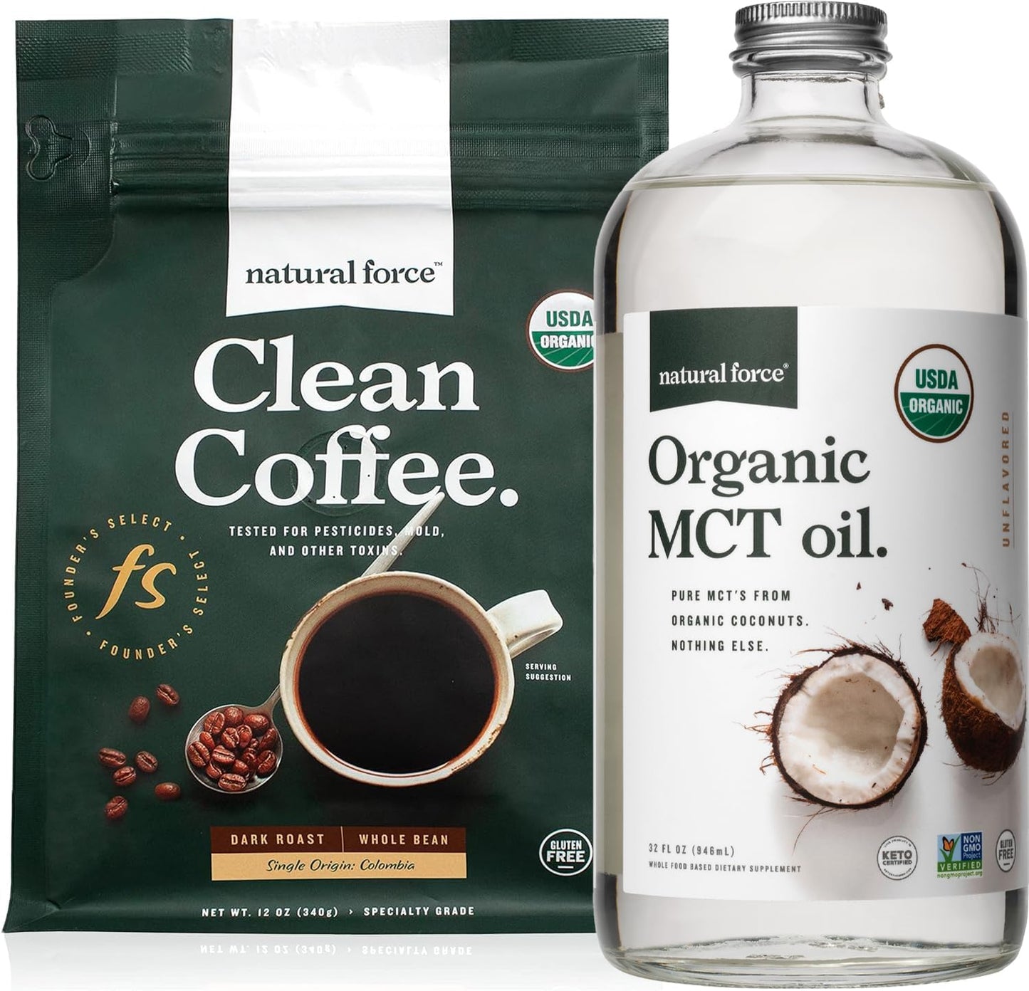 Organic Dark Roast Coffee with MCT Oil Bundle - Pure Coconut MCTs, Mold & Mycotoxin Free - Non-GMO, Keto, Paleo, Vegan - 12oz & 32oz