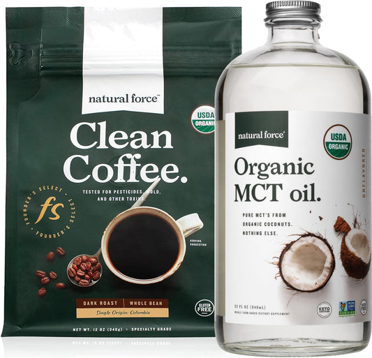 Organic Dark Roast Coffee with MCT Oil Bundle - Pure Coconut MCTs, Mold & Mycotoxin Free - Non-GMO, Keto, Paleo, Vegan - 12oz & 32oz