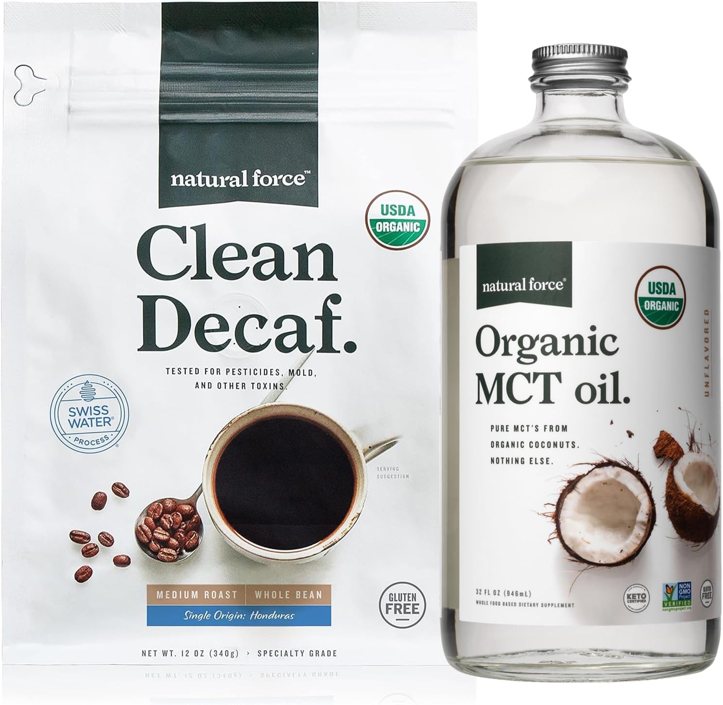 Organic Decaf Coffee & MCT Oil Bundle - Pure Coconut MCTs, Mold & Mycotoxin Free - Non-GMO, Keto, Paleo, Vegan - 12 Oz & 32 Oz