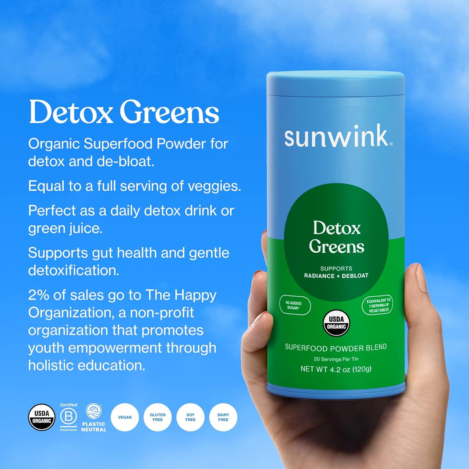 Organic Detox Greens Superfood Powder for Debloat - Daily Greens with Celery, Dandelion, Spirulina - Gentle Detox Powder - 4.2 oz (20 Servings)