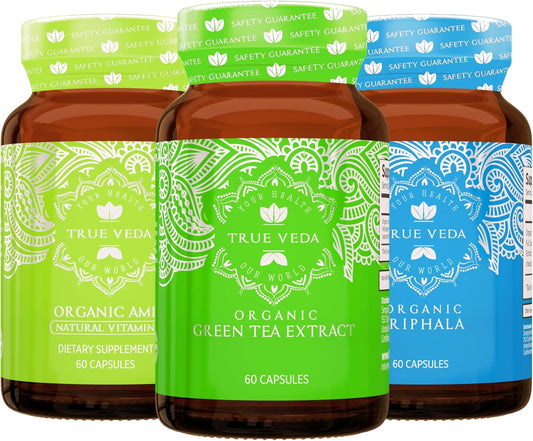 Organic Digestion and Detox Bundle | True Veda | Green Tea, Amla & Triphala Capsules | USDA Certified | Vitamin C Boost