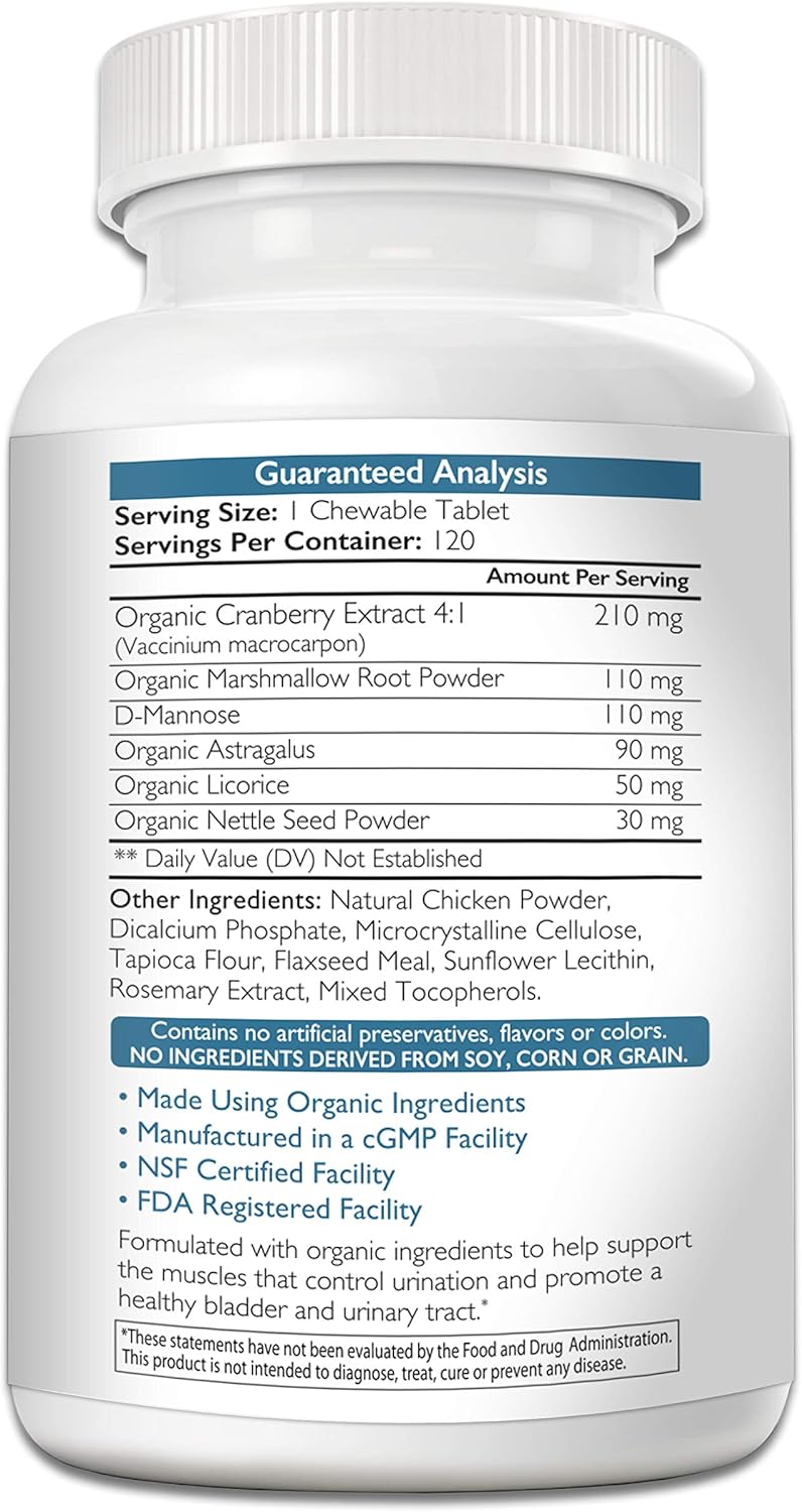 Organic Dog Bladder Health Supplement for Incontinence Support - 120 Chewable Tablets for Dog Bladder Control