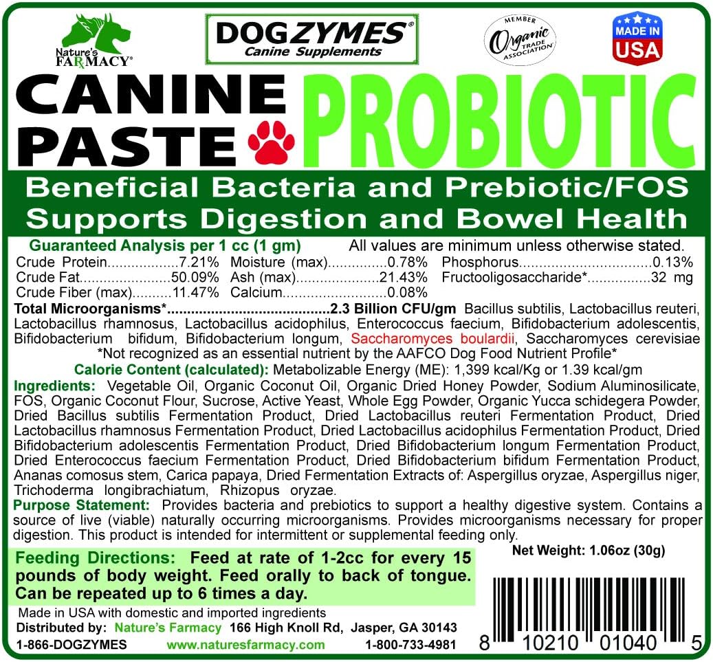 Organic Dogzymes Canine Probiotic Paste with Beneficial Bacteria and Enzymes - 2.3 Billion CFU/gm Saccharomyces boulardii - Dried Honey Powder - 30 Grams