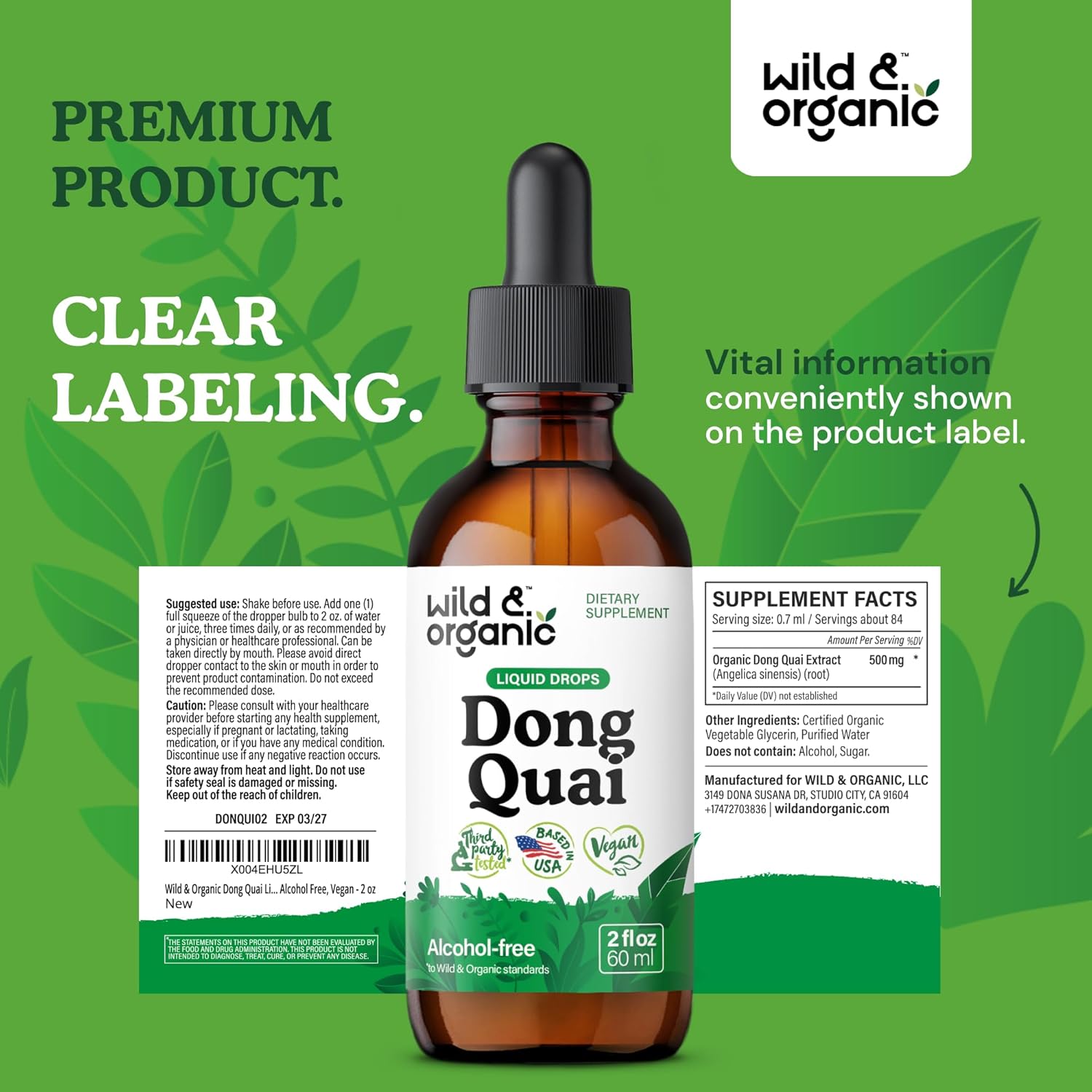 Organic Dong Quai Tincture 500mg - Angelica Root Supplement for Women - Liquid Extract Drops - Sugar & Alcohol-Free - 2 fl oz