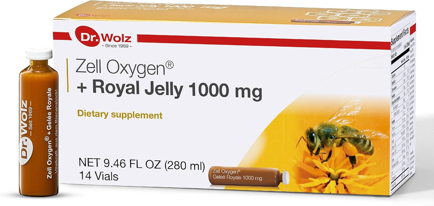 Organic Dr. Wolz Zell Oxygen + Royal Jelly 1000mg Superfood Supplement for Immune Support, Skin Health, Fatigue Relief - 14 Vials