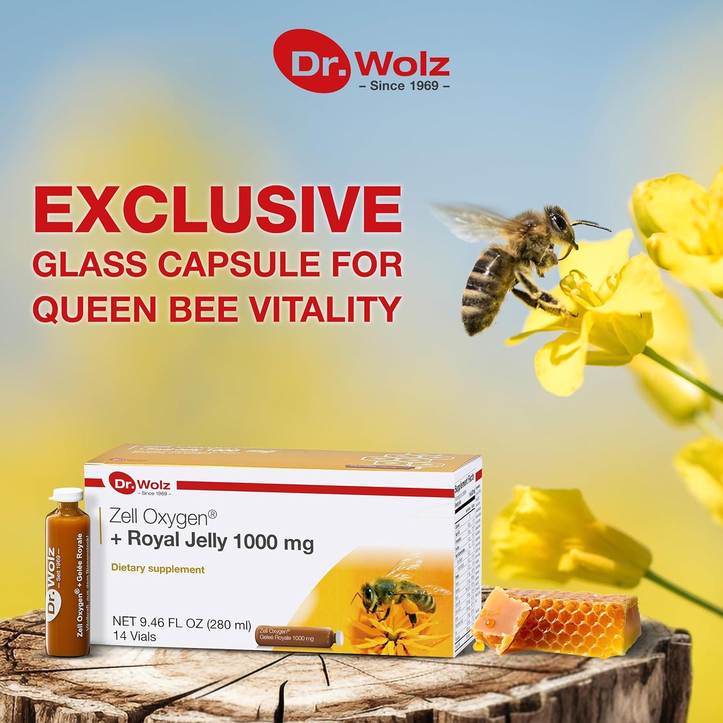 Organic Dr. Wolz Zell Oxygen + Royal Jelly 1000mg Superfood Supplement for Immune Support, Skin Health, Fatigue Relief - 14 Vials