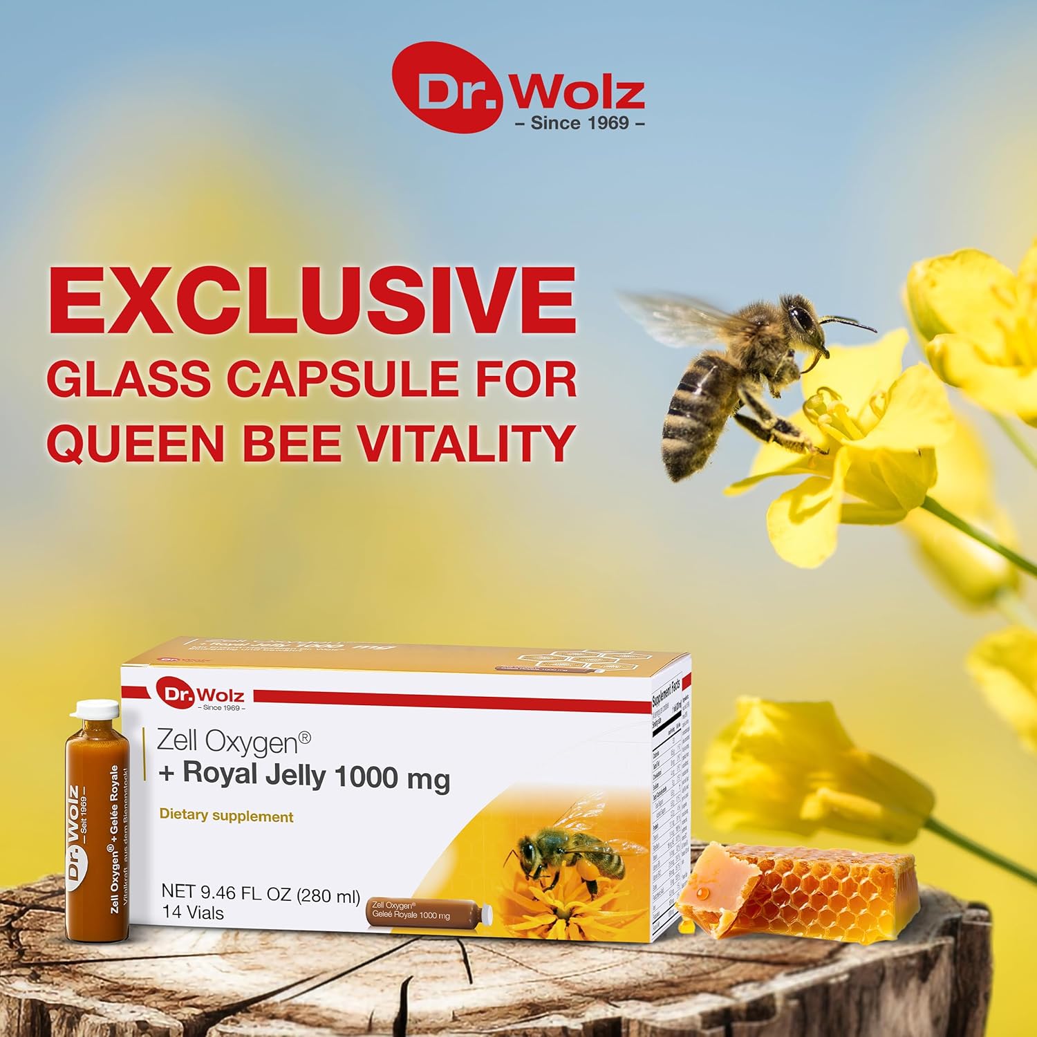 Organic Dr. Wolz Zell Oxygen + Royal Jelly 1000mg Superfood Supplement for Immune Support, Skin Health, Fatigue Relief - 14 Vials