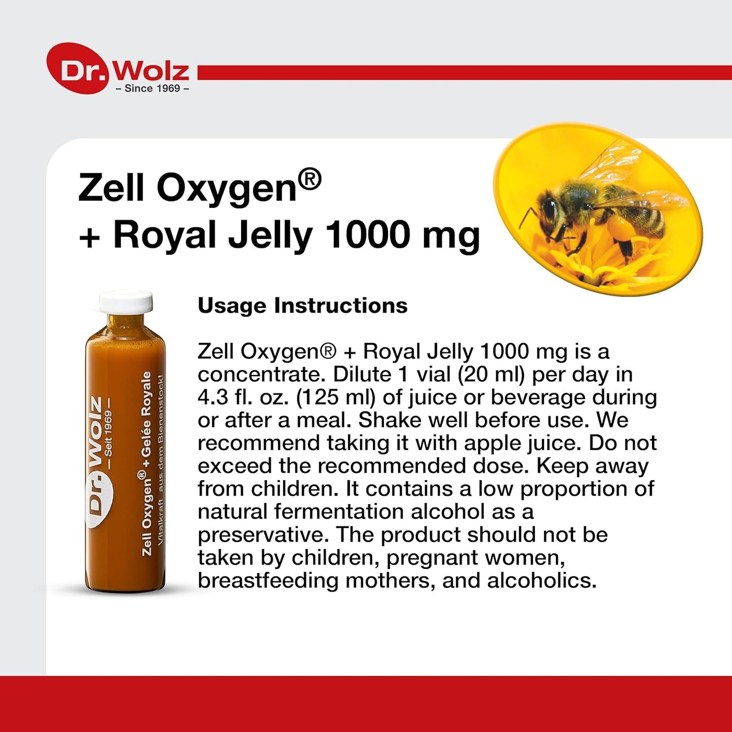 Organic Dr. Wolz Zell Oxygen + Royal Jelly 1000mg Superfood Supplement for Immune Support, Skin Health, Fatigue Relief - 14 Vials