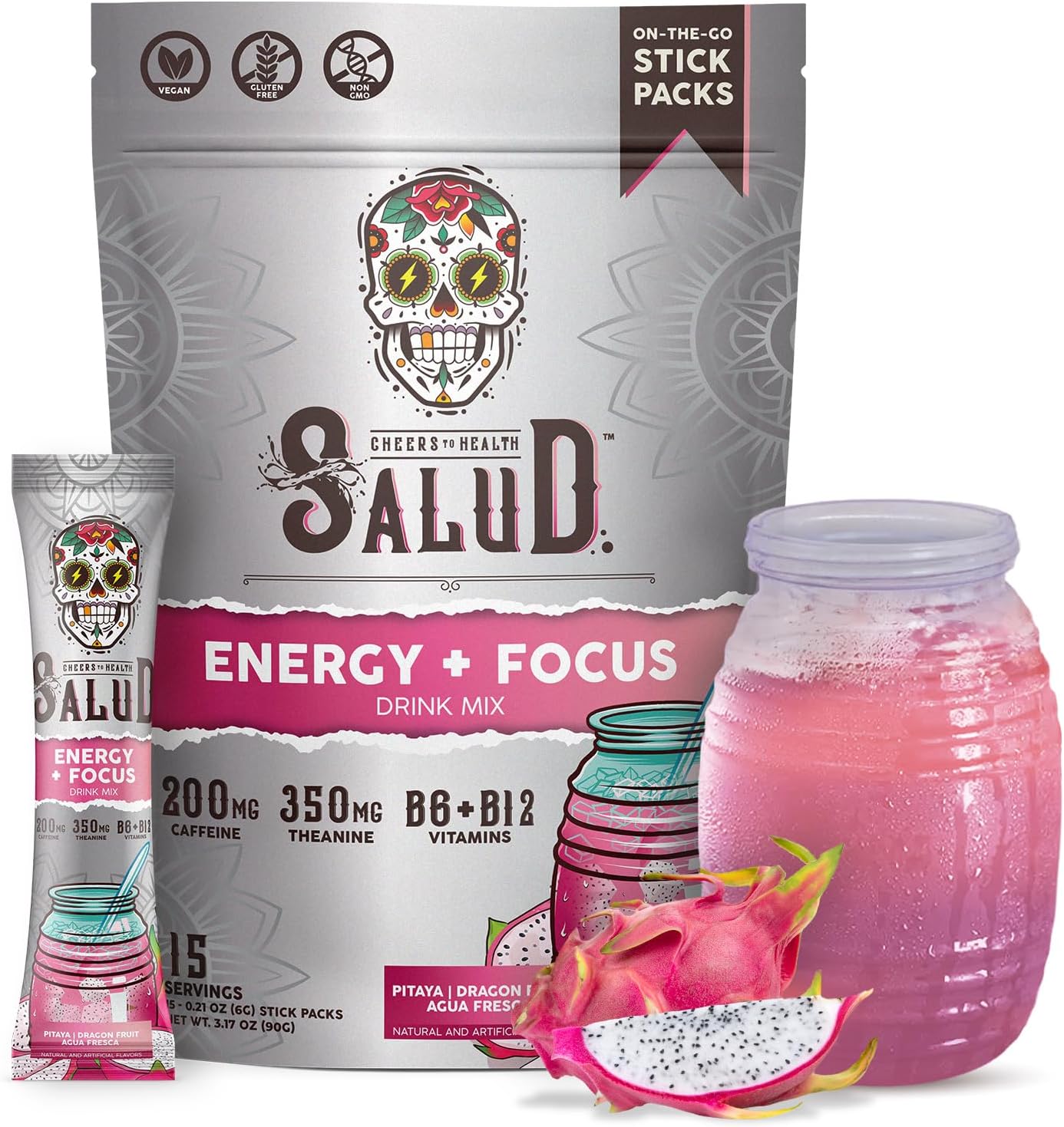 Organic Dragon Fruit Energy Drink Mix with Focus Boosters, Clean Energy Powder Packets, Non-GMO, Gluten-Free, Vegan - 15 Servings