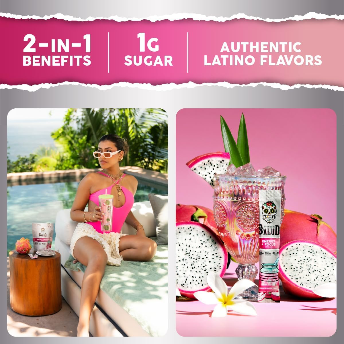 Organic Dragon Fruit Energy Drink Mix with Focus Boosters, Clean Energy Powder Packets, Non-GMO, Gluten-Free, Vegan - 15 Servings