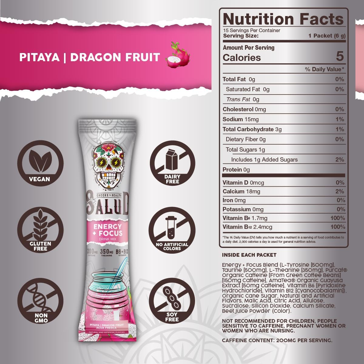 Organic Dragon Fruit Energy Drink Mix with Focus Boosters, Clean Energy Powder Packets, Non-GMO, Gluten-Free, Vegan - 15 Servings