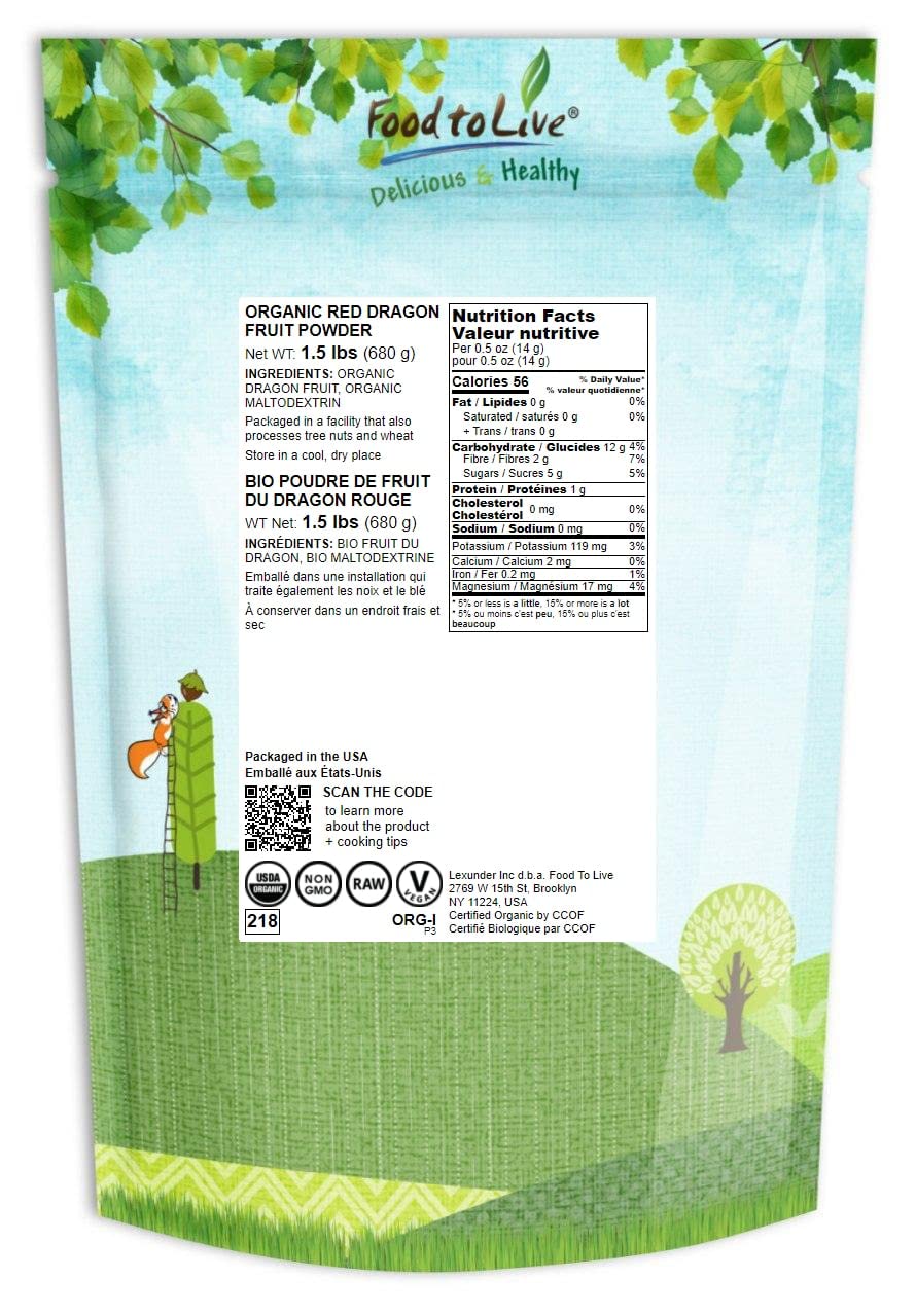 Organic Dragon Fruit Powder, 1.5 lbs - Non-GMO Red Pitaya Powder with Antioxidants & Vitamin C for Smoothies & Bowls. Vegan & Fiber-Rich Bulk Powder.