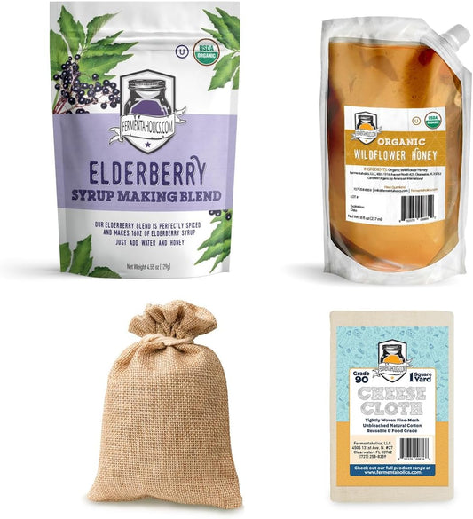 Organic Dried Elderberry Syrup Making Kit with Spice Blend, Honey, and Cheese Cloth - DIY Elderberry Syrup Kit