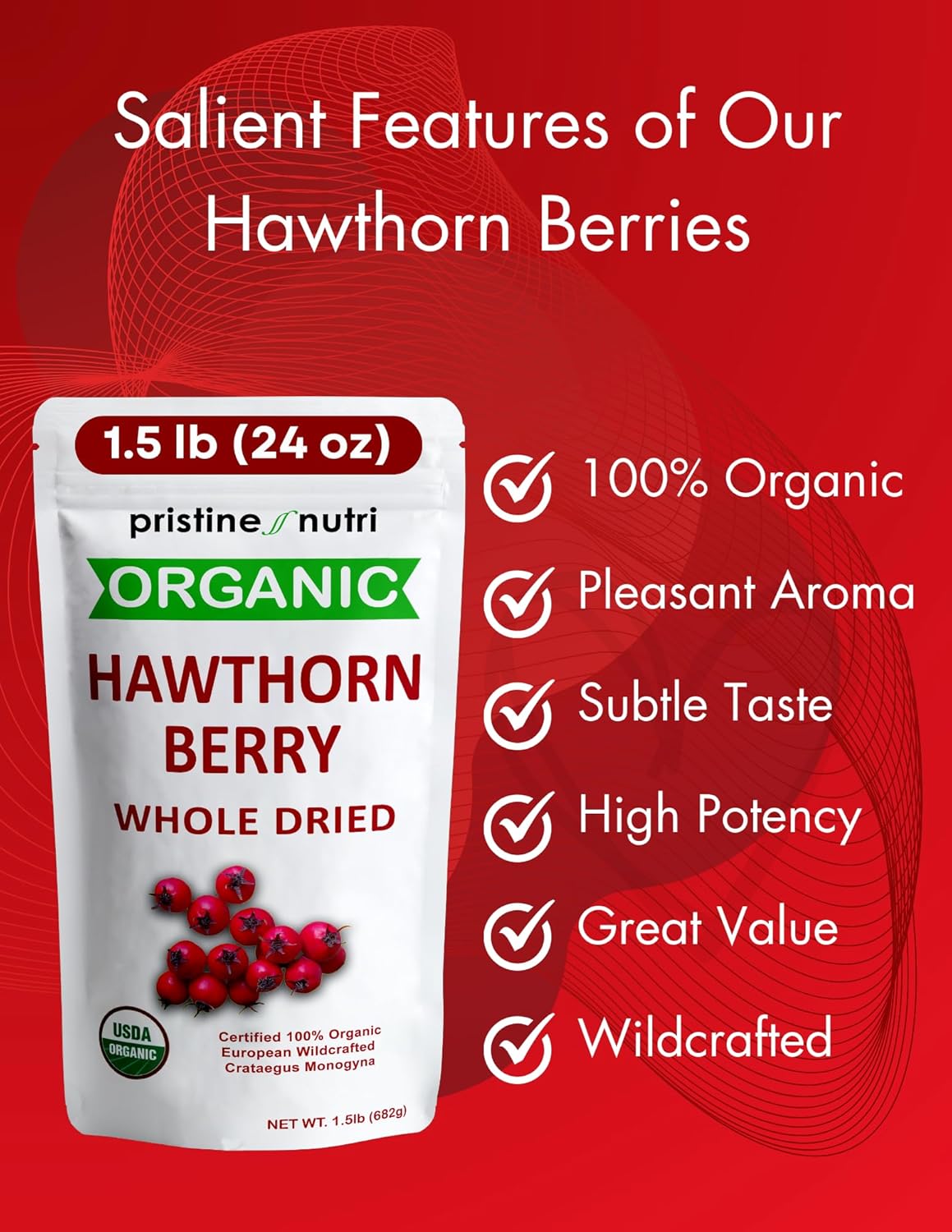Organic Dried Hawthorn Berries 1.5 lbs (24 oz) Bulk - European Wild Berries for Heart Support Tea - Stress Relief & Blood Pressure - 100% Whole Berries - BoostGo Australia