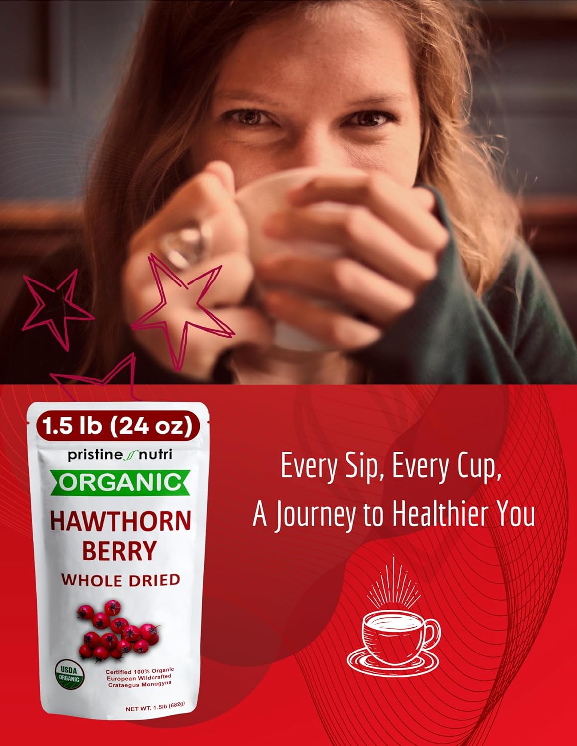 Organic Dried Hawthorn Berries 1.5 lbs (24 oz) Bulk - European Wild Berries for Heart Support Tea - Stress Relief & Blood Pressure - 100% Whole Berries - BoostGo Australia