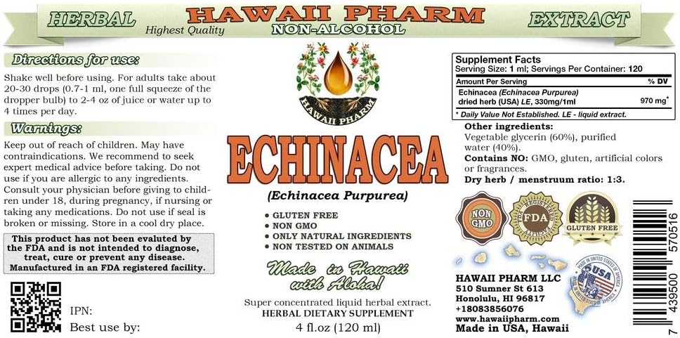 Organic Echinacea Alcohol-Free Liquid Extract Glycerite Supplement - 4 oz Bottle by Hawaii Pharm