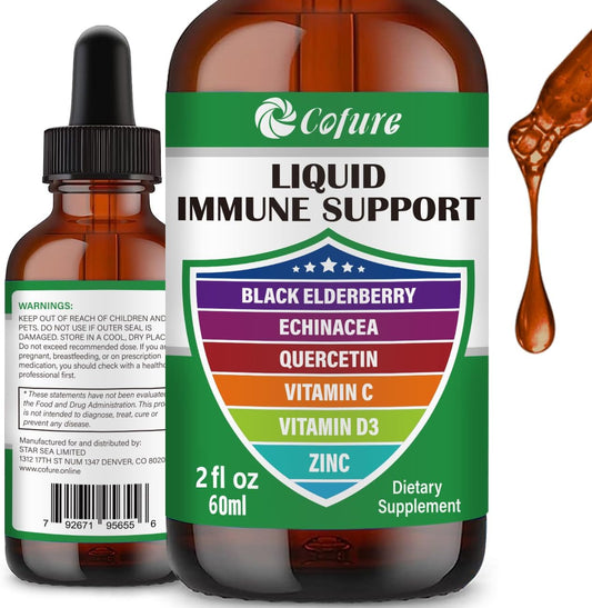 Organic Echinacea Elderberry Immune Defense Drops with Zinc, Quercetin, Vitamin C, D3 - Vegan, Non-GMO, Gluten Free - 2 Fl Oz