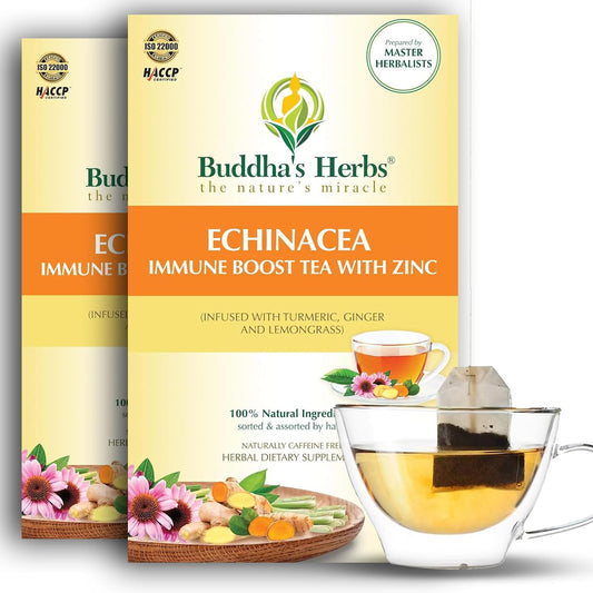 Organic Echinacea Herbal Tea Supplement with Zinc, Turmeric, Ginger & Lemongrass for Immune Support - 2 Pack, 44 Tea Bags