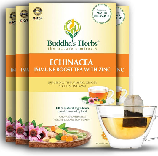 Organic Echinacea Tea with Zinc - Immune-Boosting Herbal Tea Bags (88 Bags, Pack of 4) - Decaf Healthy Tea Gift Set for Tea Lovers
