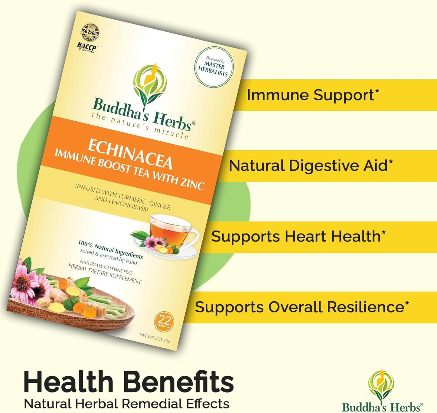 Organic Echinacea Tea with Zinc - Immune-Boosting Herbal Tea Bags (88 Bags, Pack of 4) - Decaf Healthy Tea Gift Set for Tea Lovers