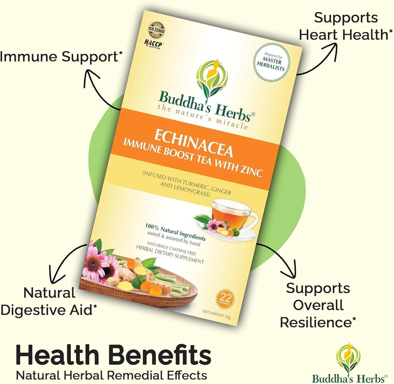 Organic Echinacea Tea with Zinc - Immune-Boosting Herbal Tea Bags (88 Bags, Pack of 4) - Decaf Healthy Tea Gift Set for Tea Lovers