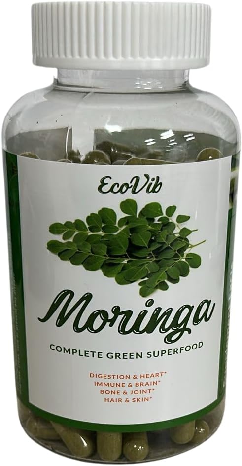 Organic ECOVIB Moringa Oleifera Leaf Powder Capsules - High Protein, Essential Amino Acids, Super Greens, 180 Count, Revitalizing Supplement