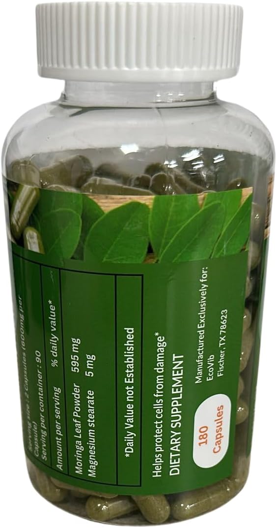 Organic ECOVIB Moringa Oleifera Leaf Powder Capsules - High Protein, Essential Amino Acids, Super Greens, 180 Count, Revitalizing Supplement