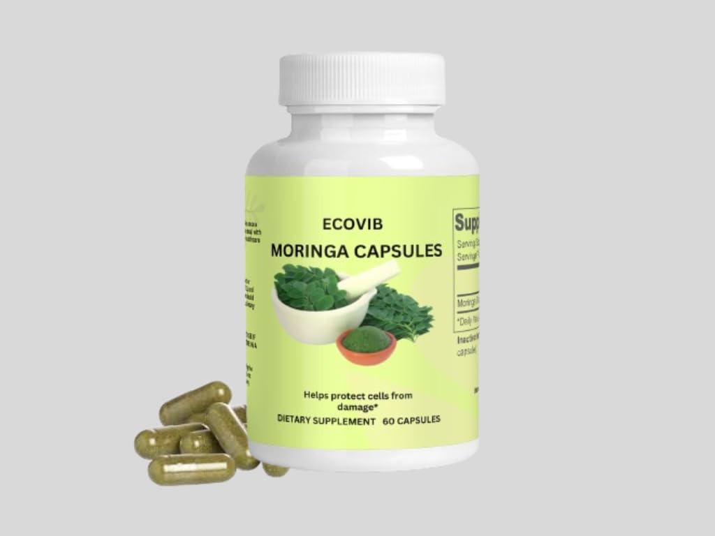 Organic ECOVIB Moringa Oleifera Leaf Powder Capsules - High Protein, Essential Amino Acids, Super Greens, 180 Count, Revitalizing Supplement