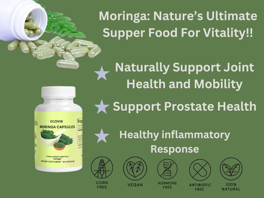 Organic ECOVIB Moringa Oleifera Leaf Powder Capsules - High Protein, Essential Amino Acids, Super Greens, 180 Count, Revitalizing Supplement