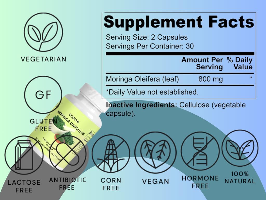 Organic ECOVIB Moringa Oleifera Leaf Powder Capsules - High Protein, Essential Amino Acids, Super Greens, 180 Count, Revitalizing Supplement