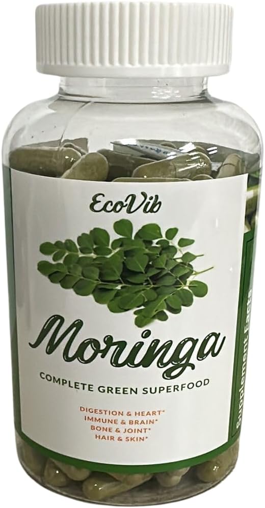 Organic ECOVIB Moringa Oleifera Leaf Powder Capsules - High Protein, Essential Amino Acids, Super Greens, 180 Count, Revitalizing Supplement