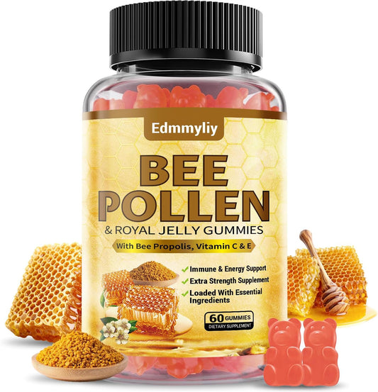Organic Edmmyliy Bee Pollen Gummies with Royal Jelly & Propolis - Sugar-Free Supplement with Vitamin C, E, Antioxidants, Amino Acids - Immune & Skin Support - Gluten-Free, Non-GMO