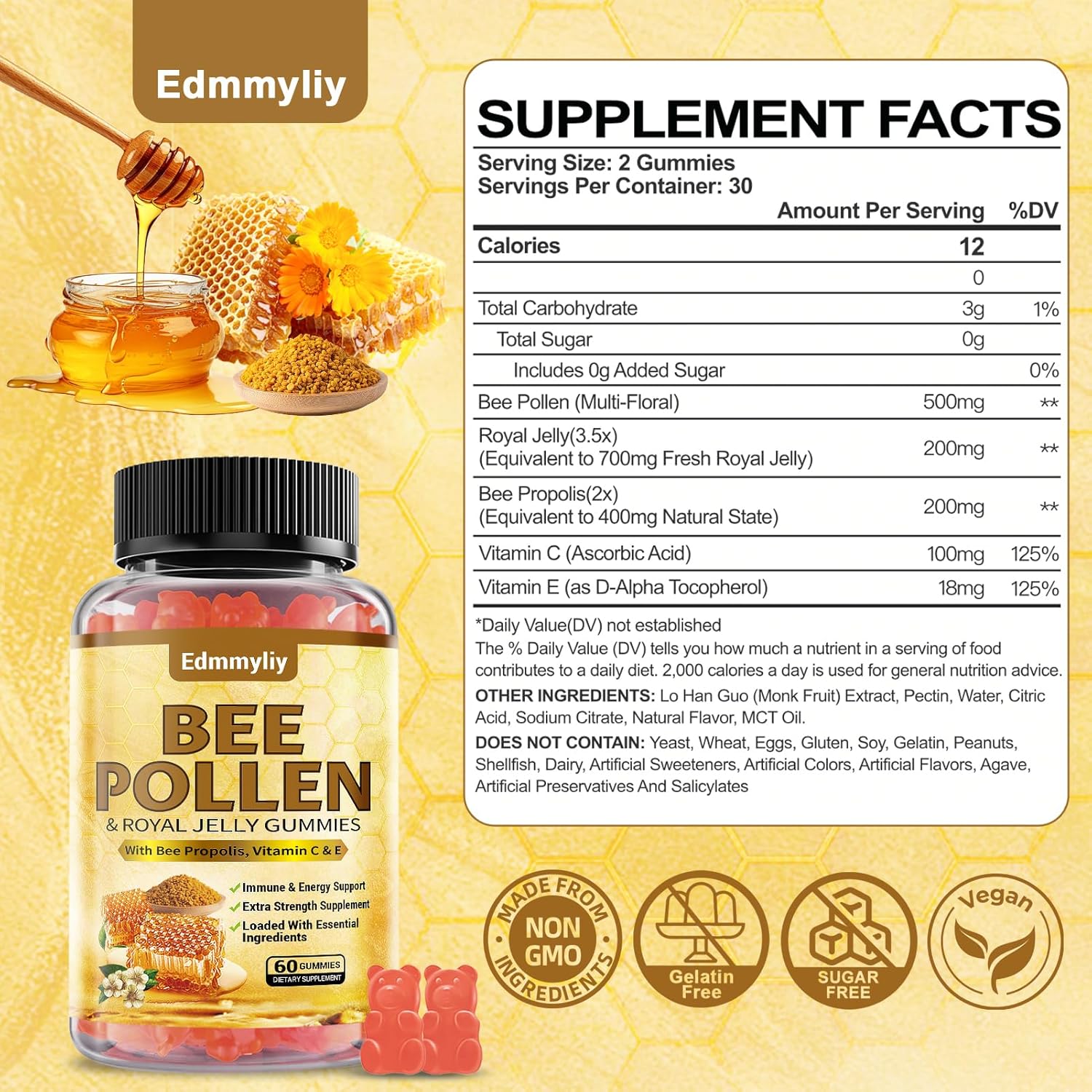 Organic Edmmyliy Bee Pollen Gummies with Royal Jelly & Propolis - Sugar-Free Supplement with Vitamin C, E, Antioxidants, Amino Acids - Immune & Skin Support - Gluten-Free, Non-GMO
