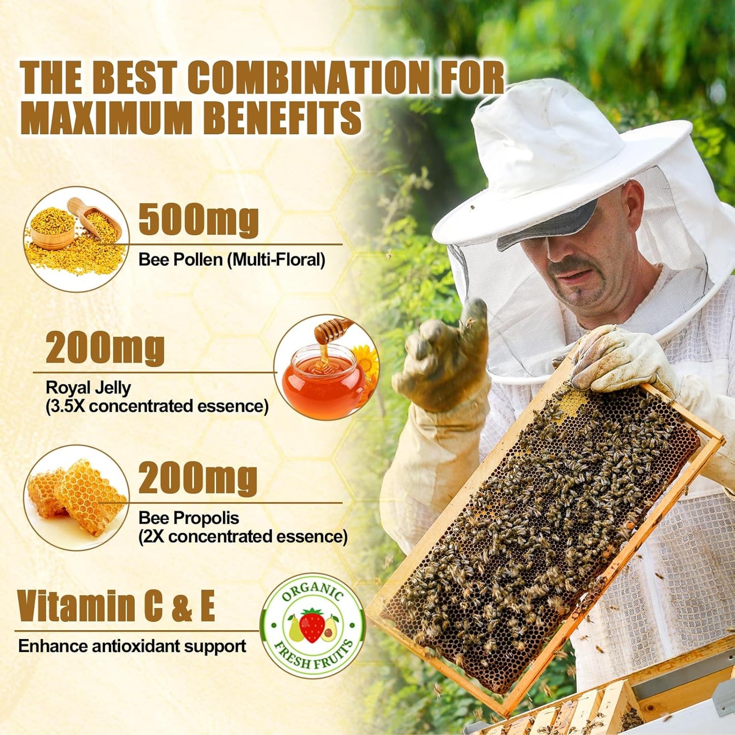 Organic Edmmyliy Bee Pollen Gummies with Royal Jelly & Propolis - Sugar-Free Supplement with Vitamin C, E, Antioxidants, Amino Acids - Immune & Skin Support - Gluten-Free, Non-GMO